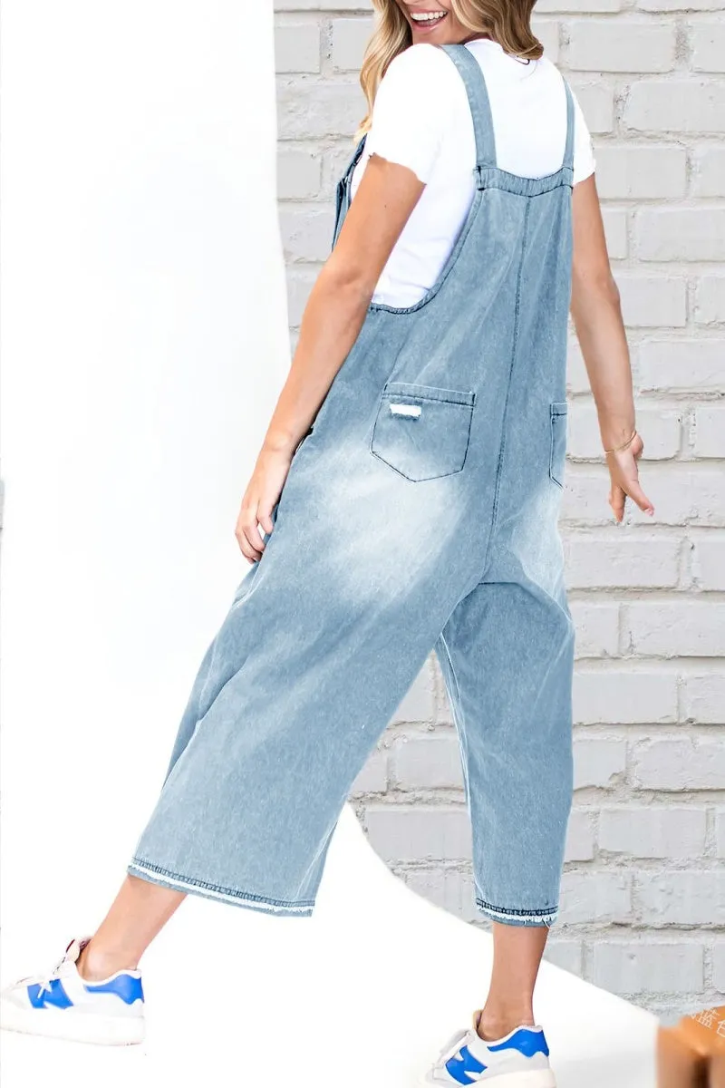Chouyatou Women's Casual Adjustable Straps Denim Bib Overalls Distressed Ripped Wide Leg Jeans Long Pants Jumpsuits
