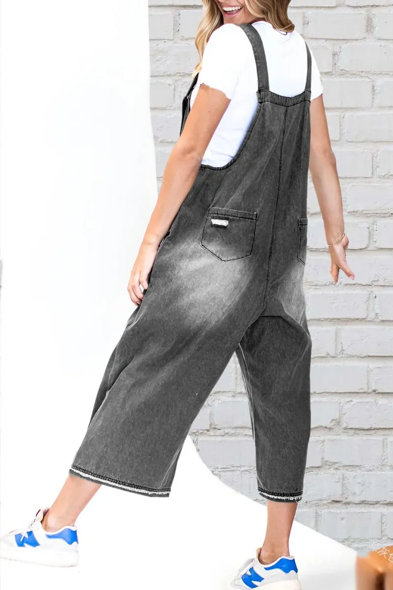 Chouyatou Women's Casual Adjustable Straps Denim Bib Overalls Distressed Ripped Wide Leg Jeans Long Pants Jumpsuits
