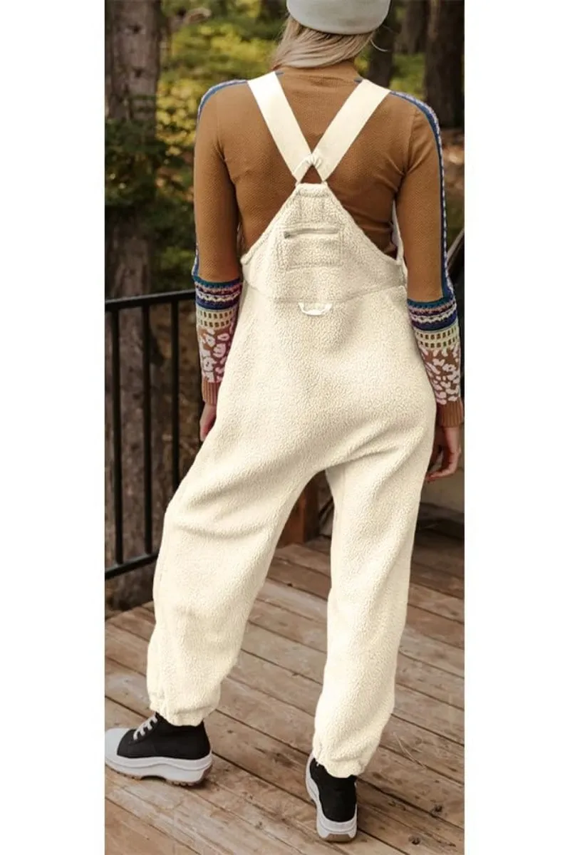 Chouyatou Womens Fuzzy Fleece Overall Jumpsuits Casual Loose Fit Winter Sherpa Bib Overalls with Pockets