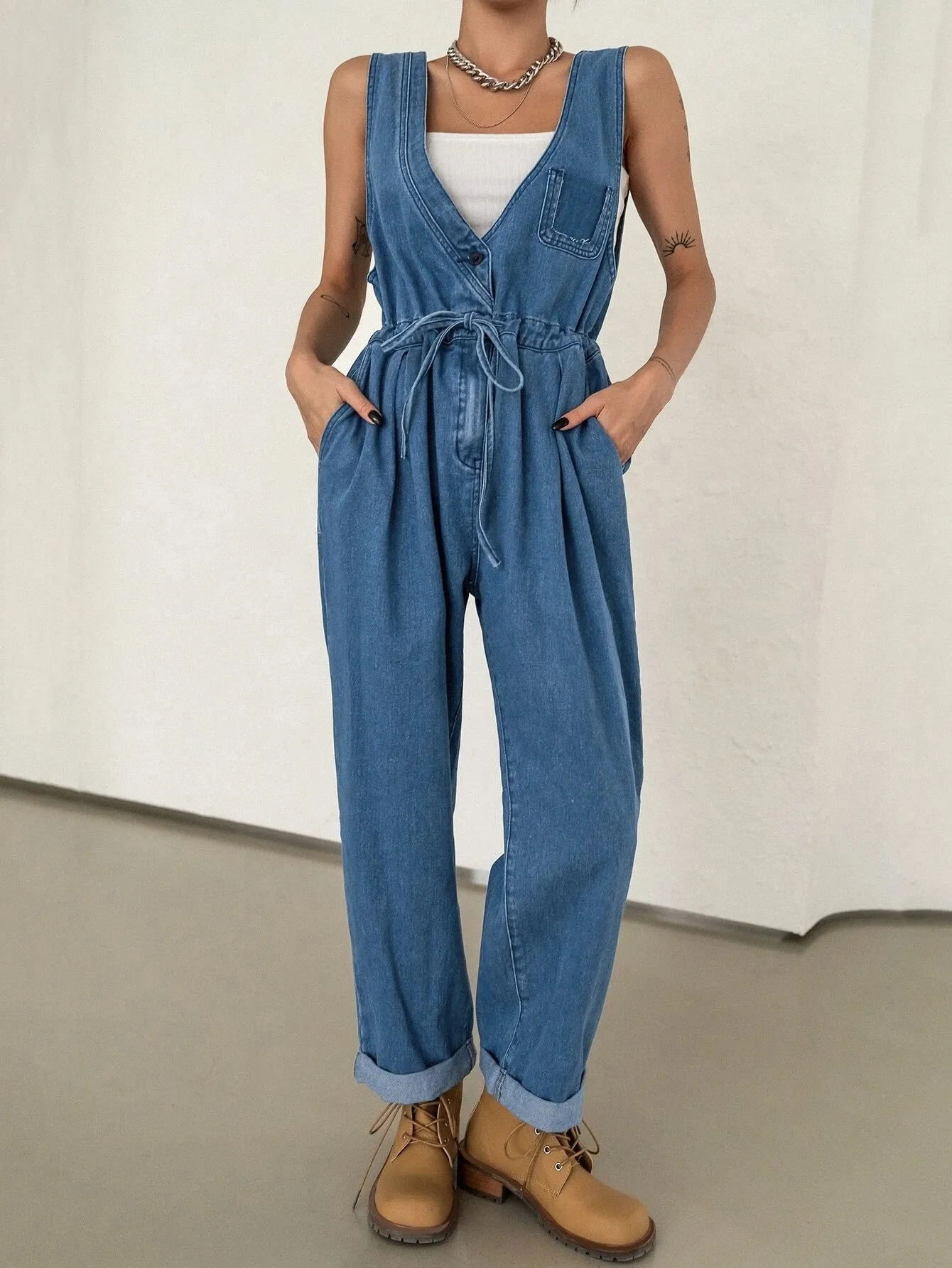 CM-JS573092 Women Preppy Seoul Style Plicated Detail Drawstring Waist Denim Overalls