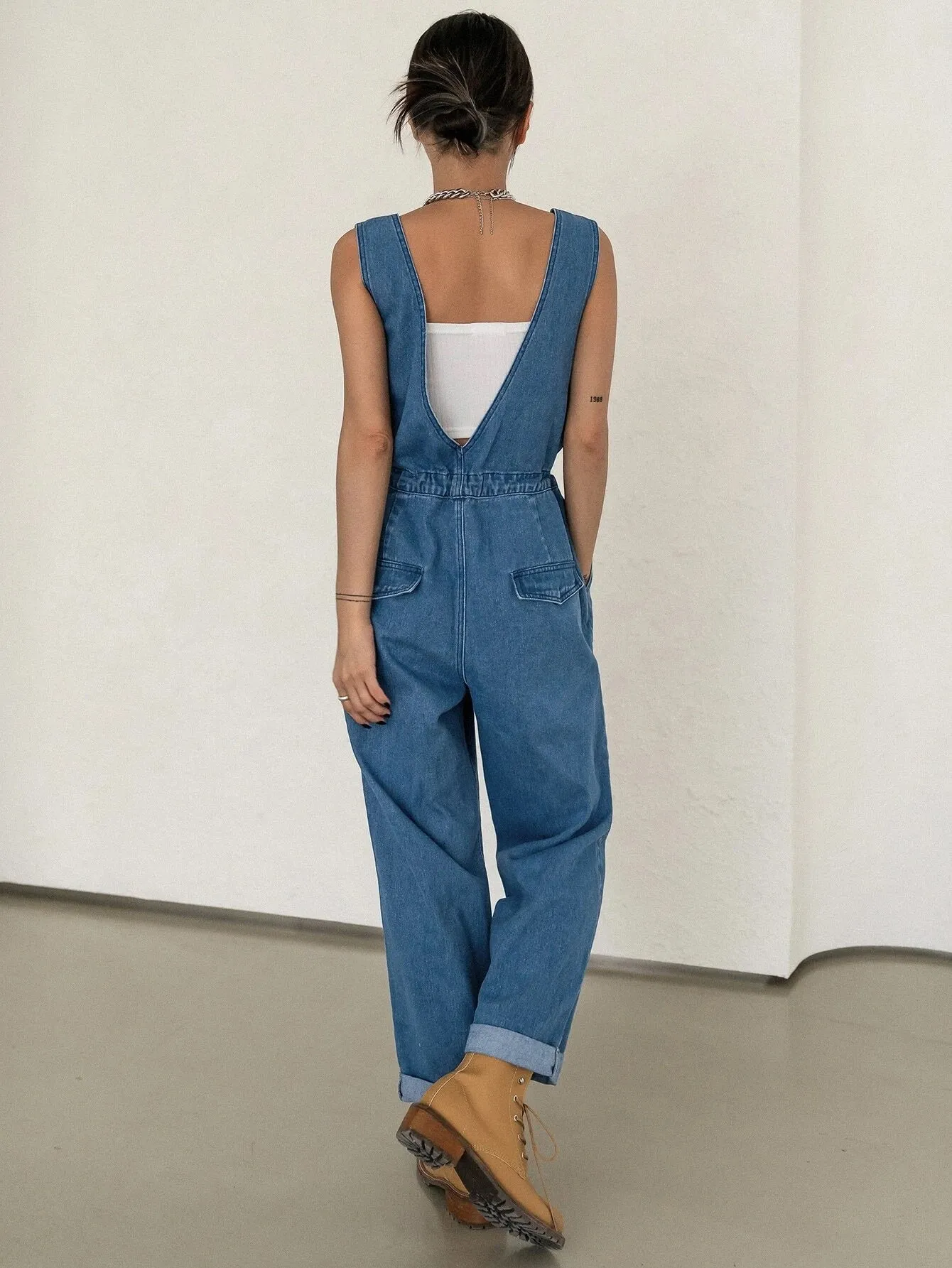 CM-JS573092 Women Preppy Seoul Style Plicated Detail Drawstring Waist Denim Overalls