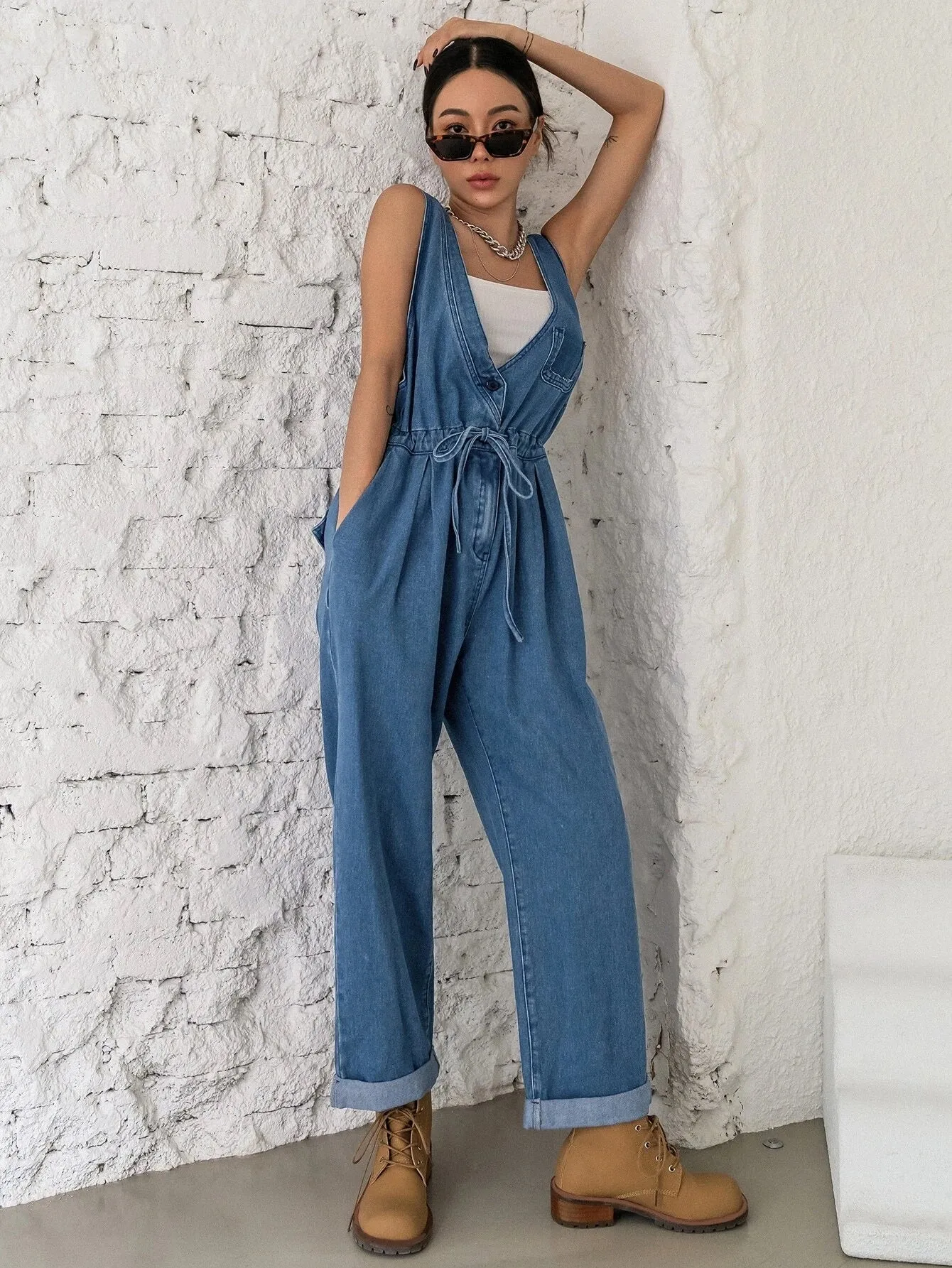 CM-JS573092 Women Preppy Seoul Style Plicated Detail Drawstring Waist Denim Overalls