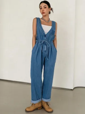 CM-JS573092 Women Preppy Seoul Style Plicated Detail Drawstring Waist Denim Overalls