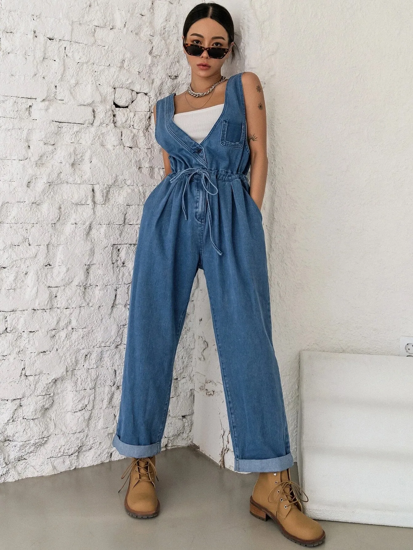 CM-JS573092 Women Preppy Seoul Style Plicated Detail Drawstring Waist Denim Overalls