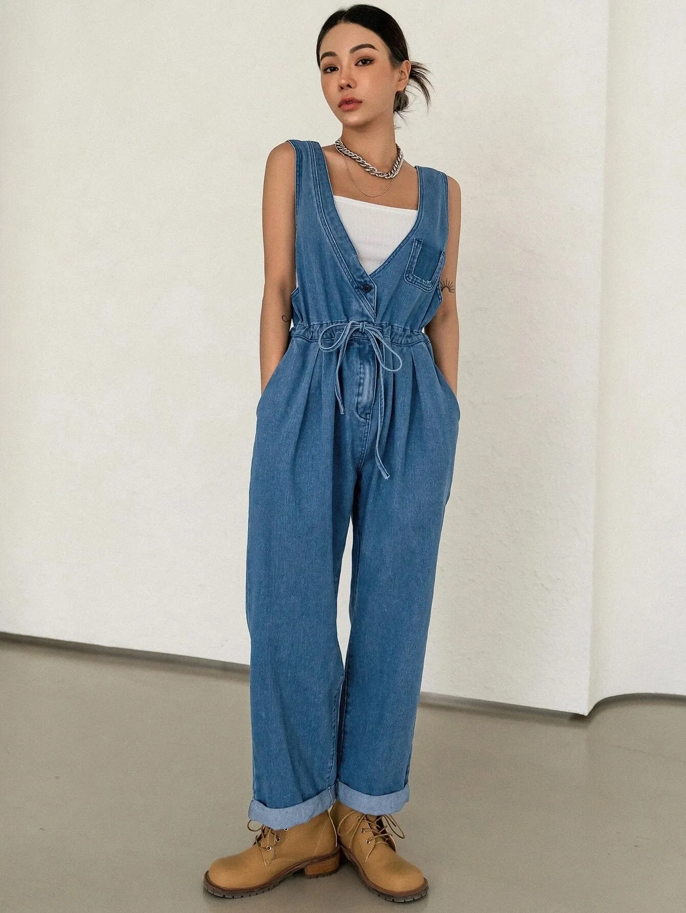 CM-JS573092 Women Preppy Seoul Style Plicated Detail Drawstring Waist Denim Overalls