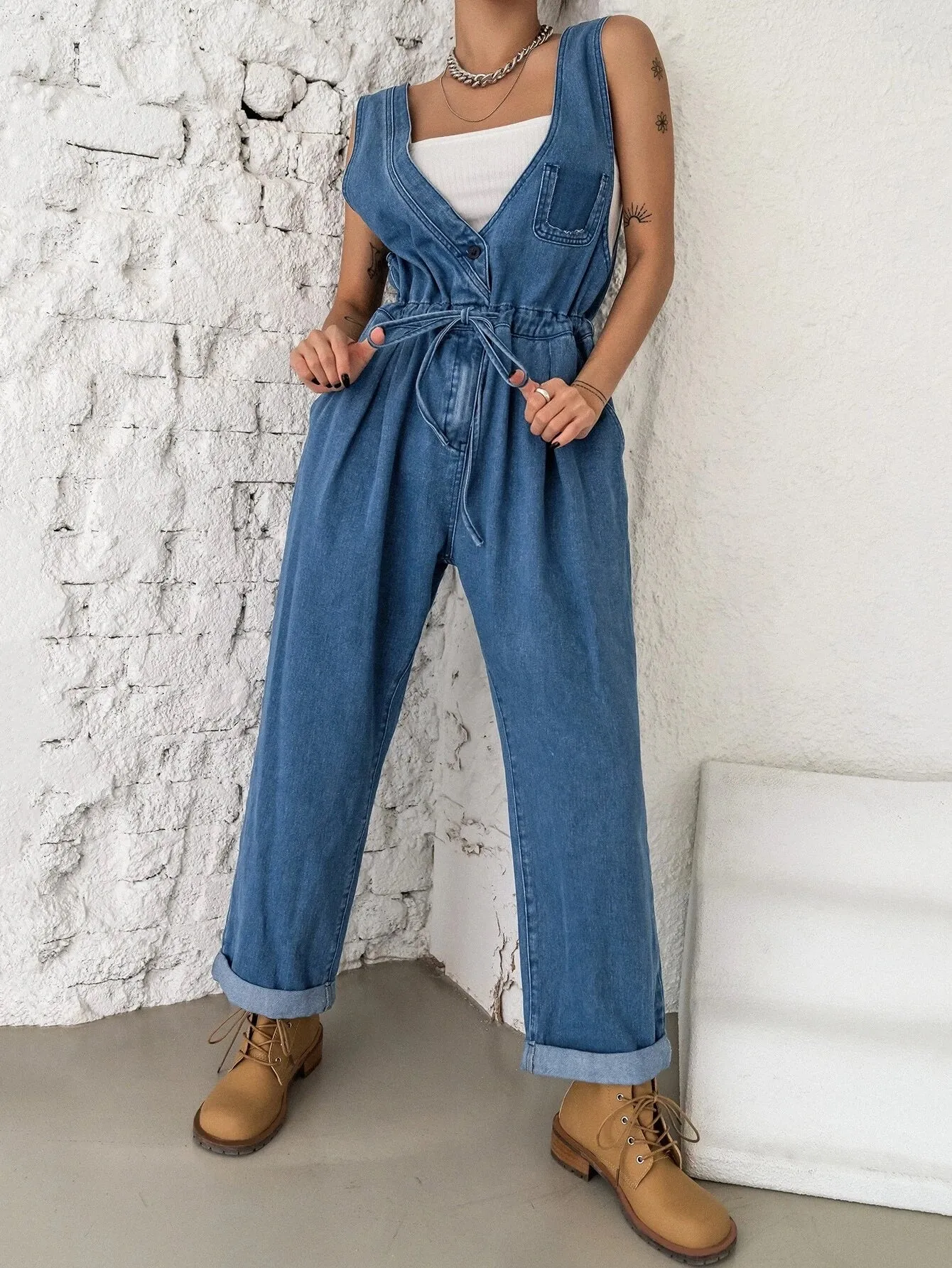 CM-JS573092 Women Preppy Seoul Style Plicated Detail Drawstring Waist Denim Overalls