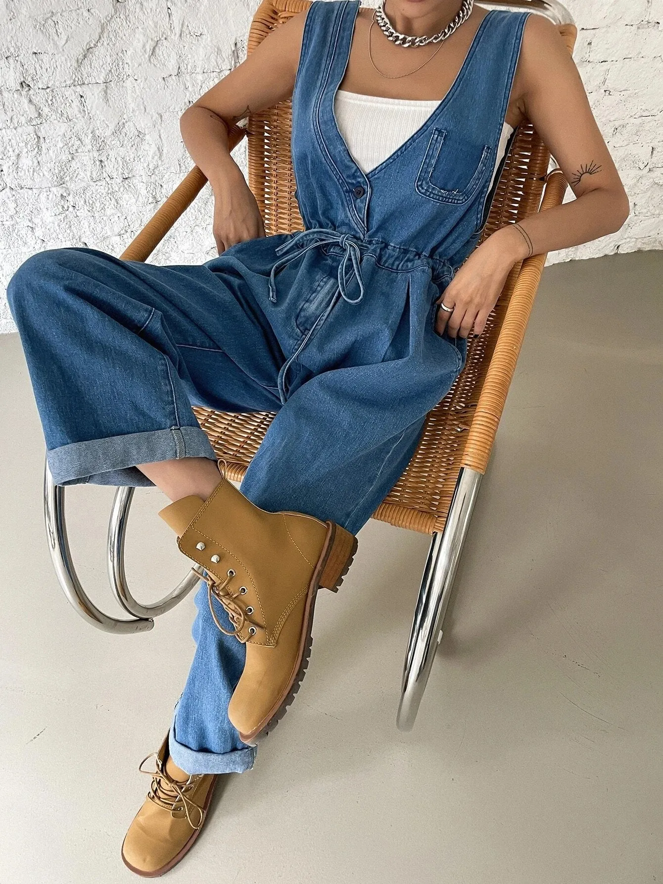 CM-JS573092 Women Preppy Seoul Style Plicated Detail Drawstring Waist Denim Overalls