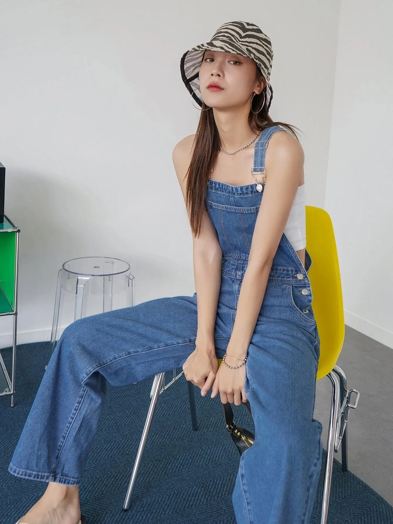 CM-JS609672 Women Preppy Seoul Style Medium Wash Pocket Patched Wide Leg Denim Overalls