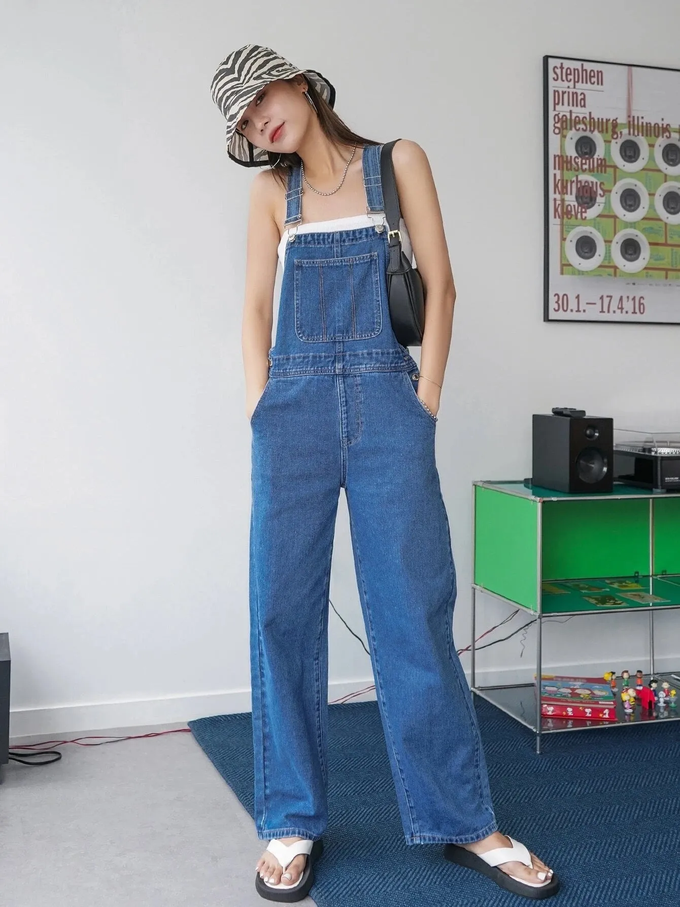 CM-JS609672 Women Preppy Seoul Style Medium Wash Pocket Patched Wide Leg Denim Overalls
