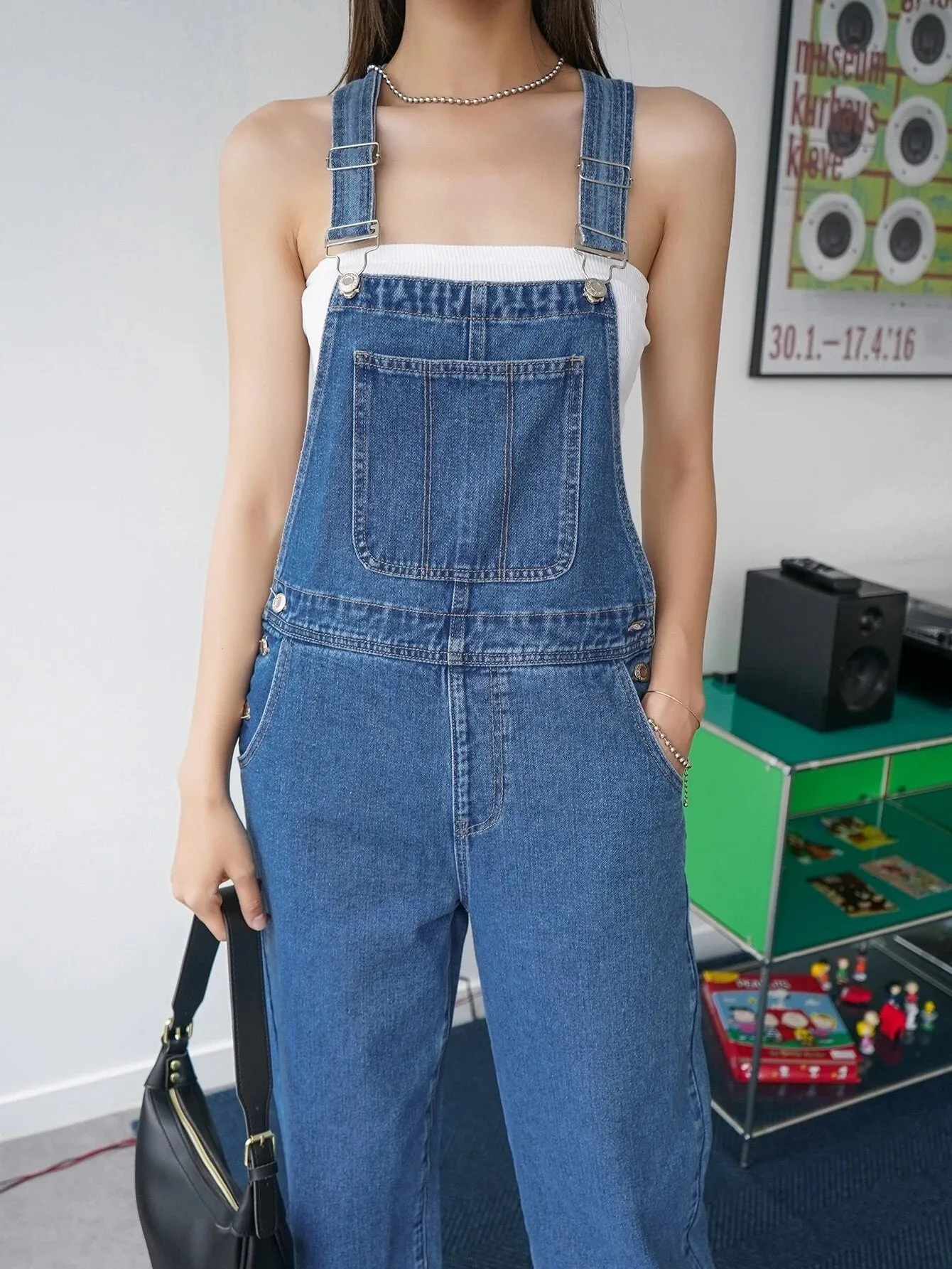 CM-JS609672 Women Preppy Seoul Style Medium Wash Pocket Patched Wide Leg Denim Overalls