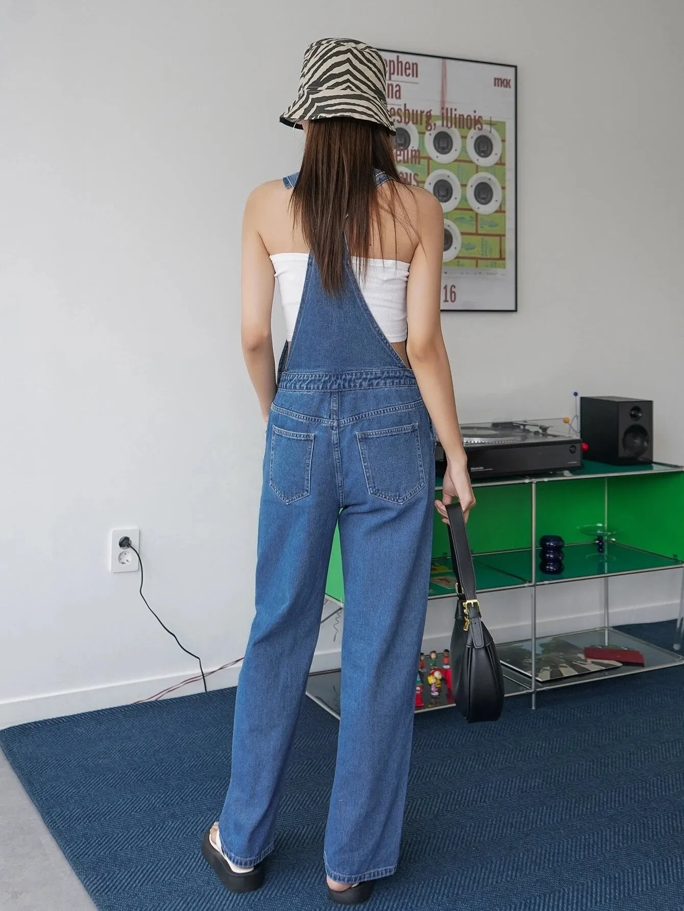 CM-JS609672 Women Preppy Seoul Style Medium Wash Pocket Patched Wide Leg Denim Overalls