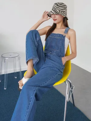 CM-JS609672 Women Preppy Seoul Style Medium Wash Pocket Patched Wide Leg Denim Overalls