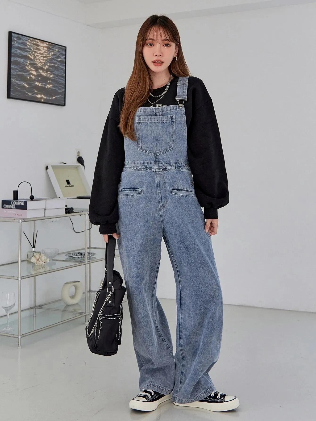 CM-JS918171 Women Preppy Seoul Style Light Wash Pocket Front Denim Overalls