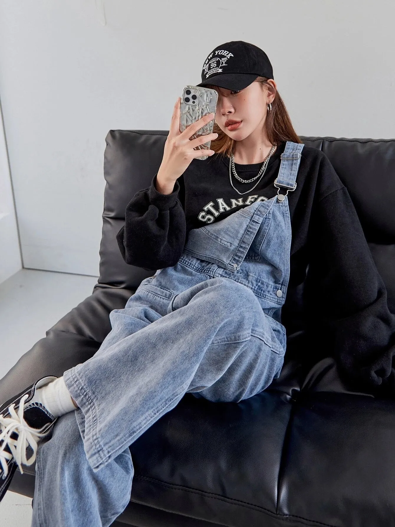 CM-JS918171 Women Preppy Seoul Style Light Wash Pocket Front Denim Overalls