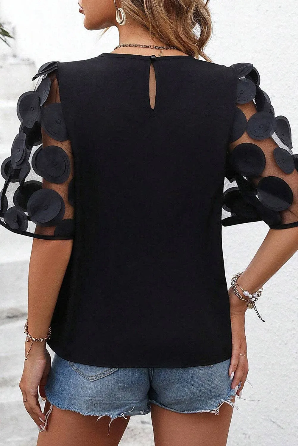Contrast Applique Mesh Half Sleeve Blouse: Black