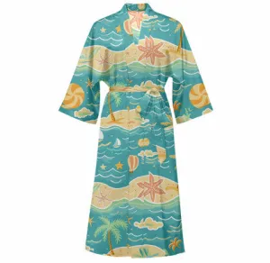 Cotton Kimono Palm Tree Printed Beach Cover-Up Boho Kimono Beach Dress- Evania