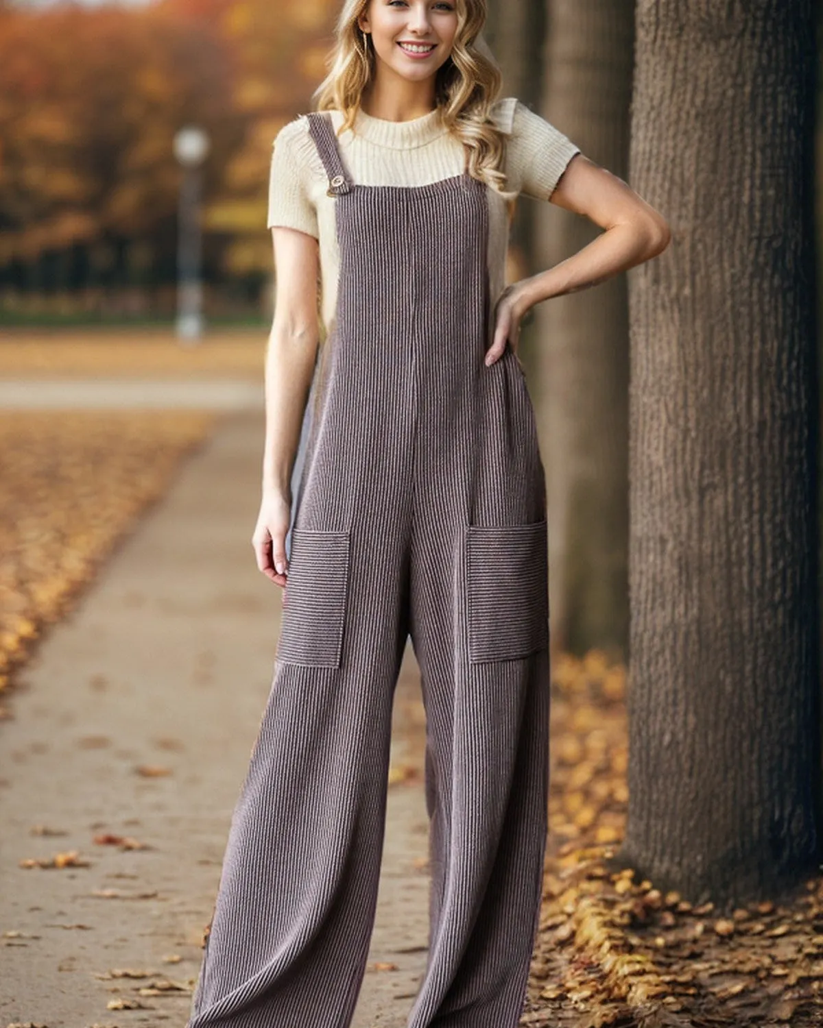 CURVY - SLEEVELESS SOLID RIBBED JUMPSUITS - BROWN