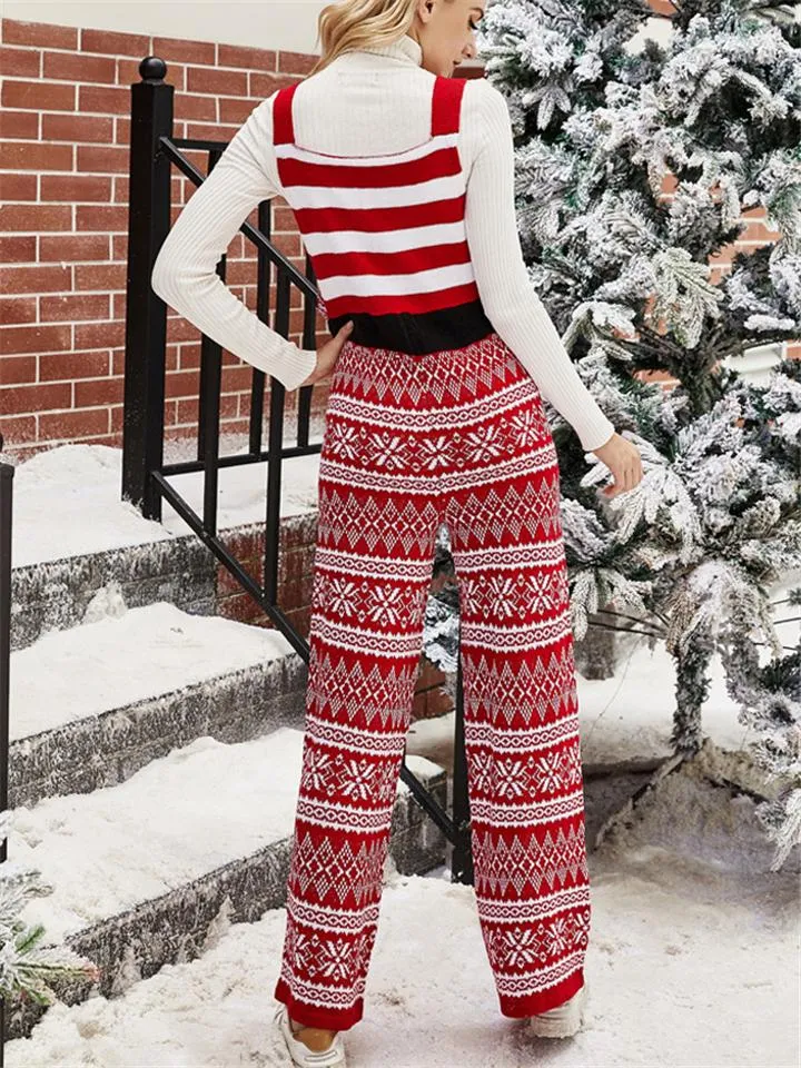 Cute Christmas Snowflake Print Knitting Overalls Jumpsuit