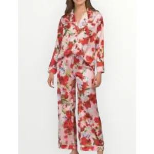 Dahlia Macphee Red Pink Geraniums Floral Print Silky Satin Wide Leg Pajamas XL