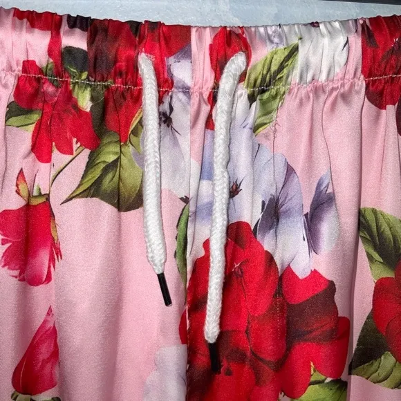 Dahlia Macphee Red Pink Geraniums Floral Print Silky Satin Wide Leg Pajamas XL