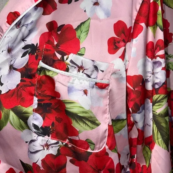 Dahlia Macphee Red Pink Geraniums Floral Print Silky Satin Wide Leg Pajamas XL