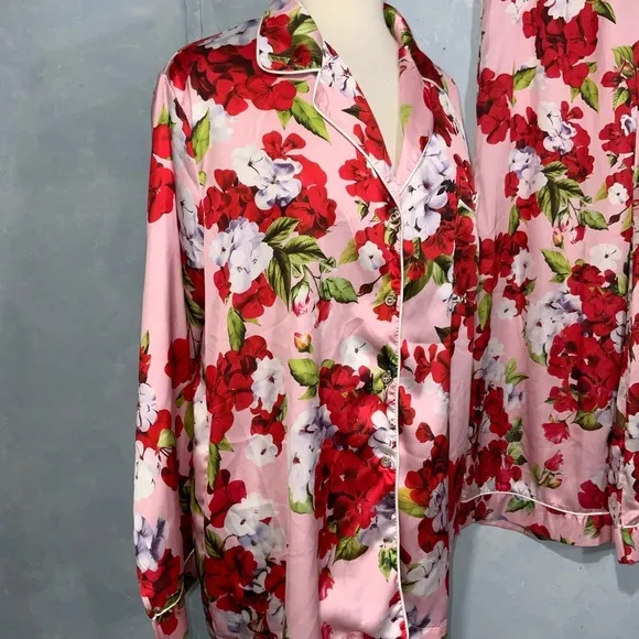 Dahlia Macphee Red Pink Geraniums Floral Print Silky Satin Wide Leg Pajamas XL