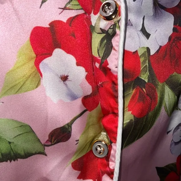 Dahlia Macphee Red Pink Geraniums Floral Print Silky Satin Wide Leg Pajamas XL