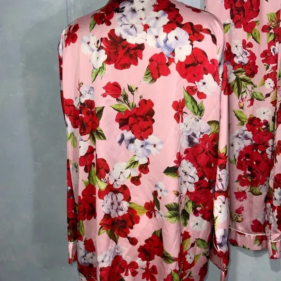 Dahlia Macphee Red Pink Geraniums Floral Print Silky Satin Wide Leg Pajamas XL