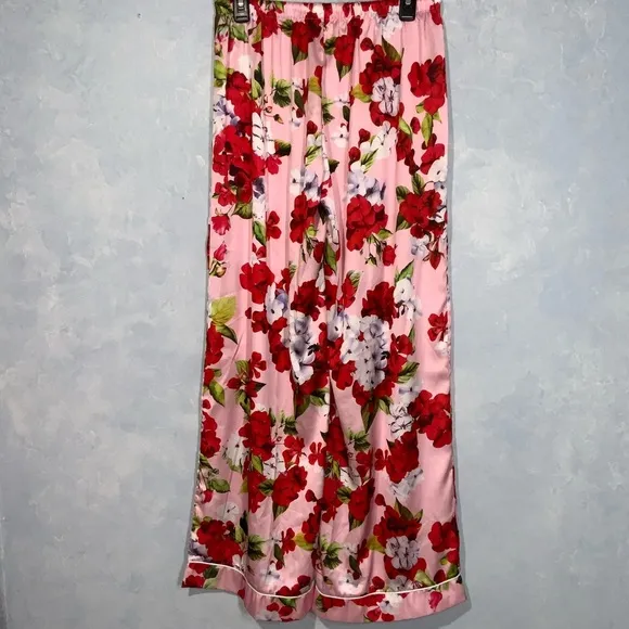 Dahlia Macphee Red Pink Geraniums Floral Print Silky Satin Wide Leg Pajamas XL