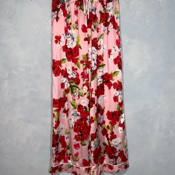 Dahlia Macphee Red Pink Geraniums Floral Print Silky Satin Wide Leg Pajamas XL