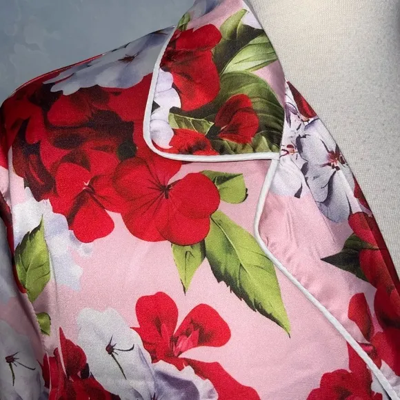 Dahlia Macphee Red Pink Geraniums Floral Print Silky Satin Wide Leg Pajamas XL