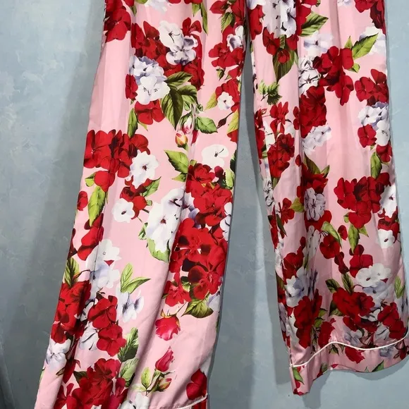 Dahlia Macphee Red Pink Geraniums Floral Print Silky Satin Wide Leg Pajamas XL
