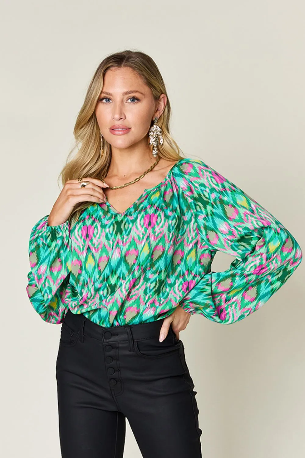 Dani Full Size Printed Balloon Sleeve Blouse