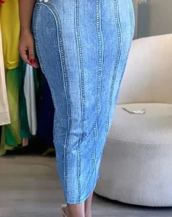 Denim Printed Bandeau Bodycon Dress