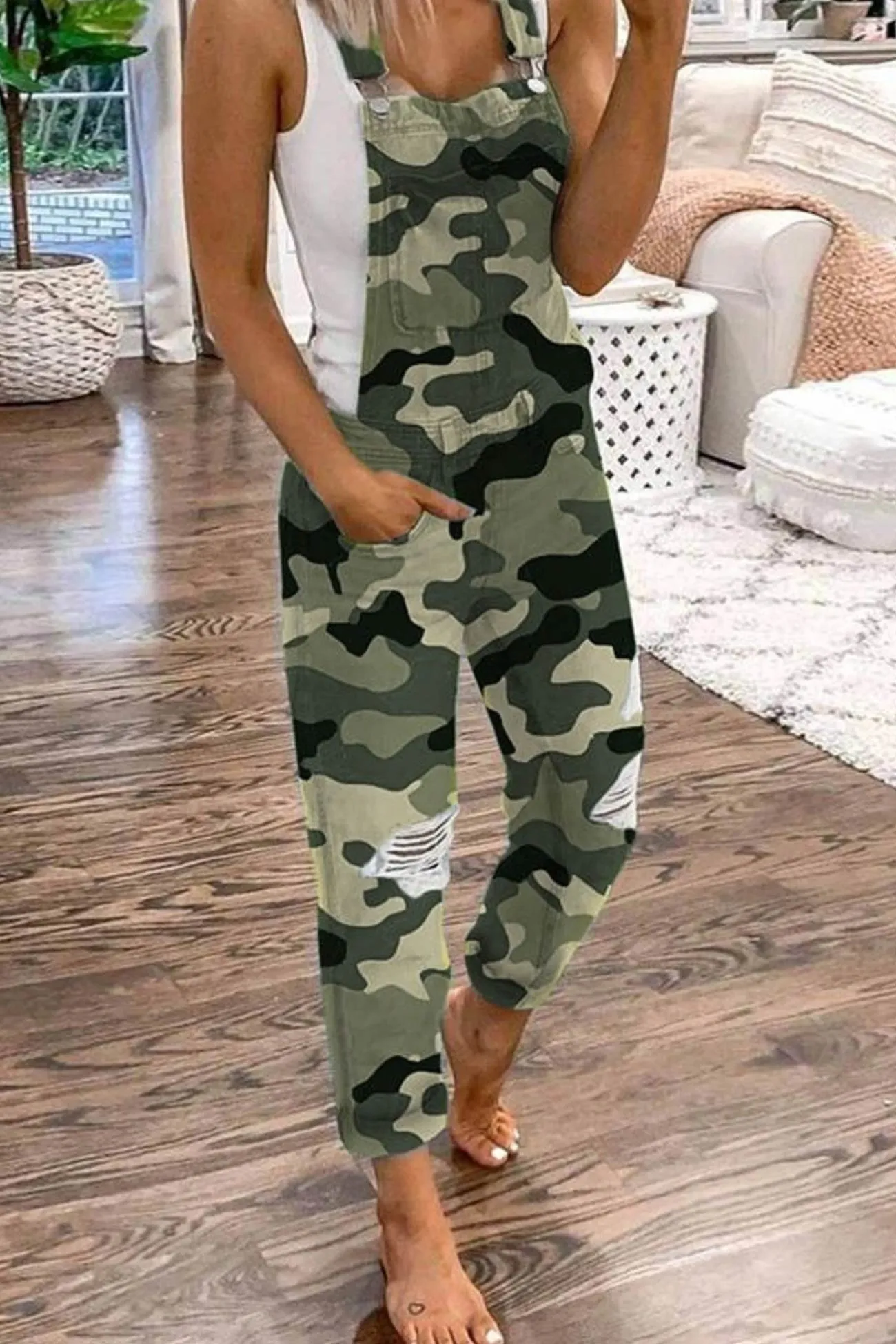 Distressed Front With Pocket Denim Overalls