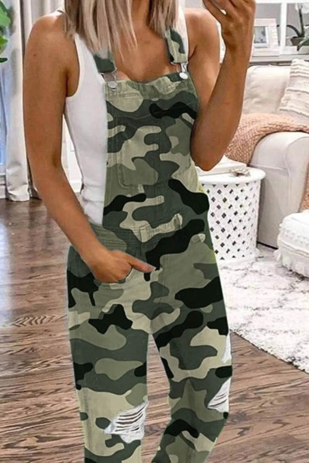 Distressed Front With Pocket Denim Overalls