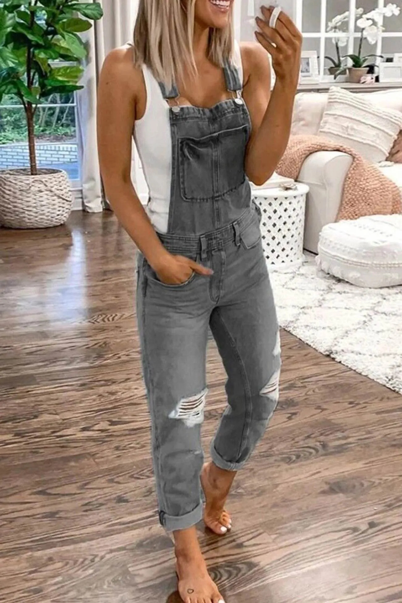 Distressed Front With Pocket Denim Overalls