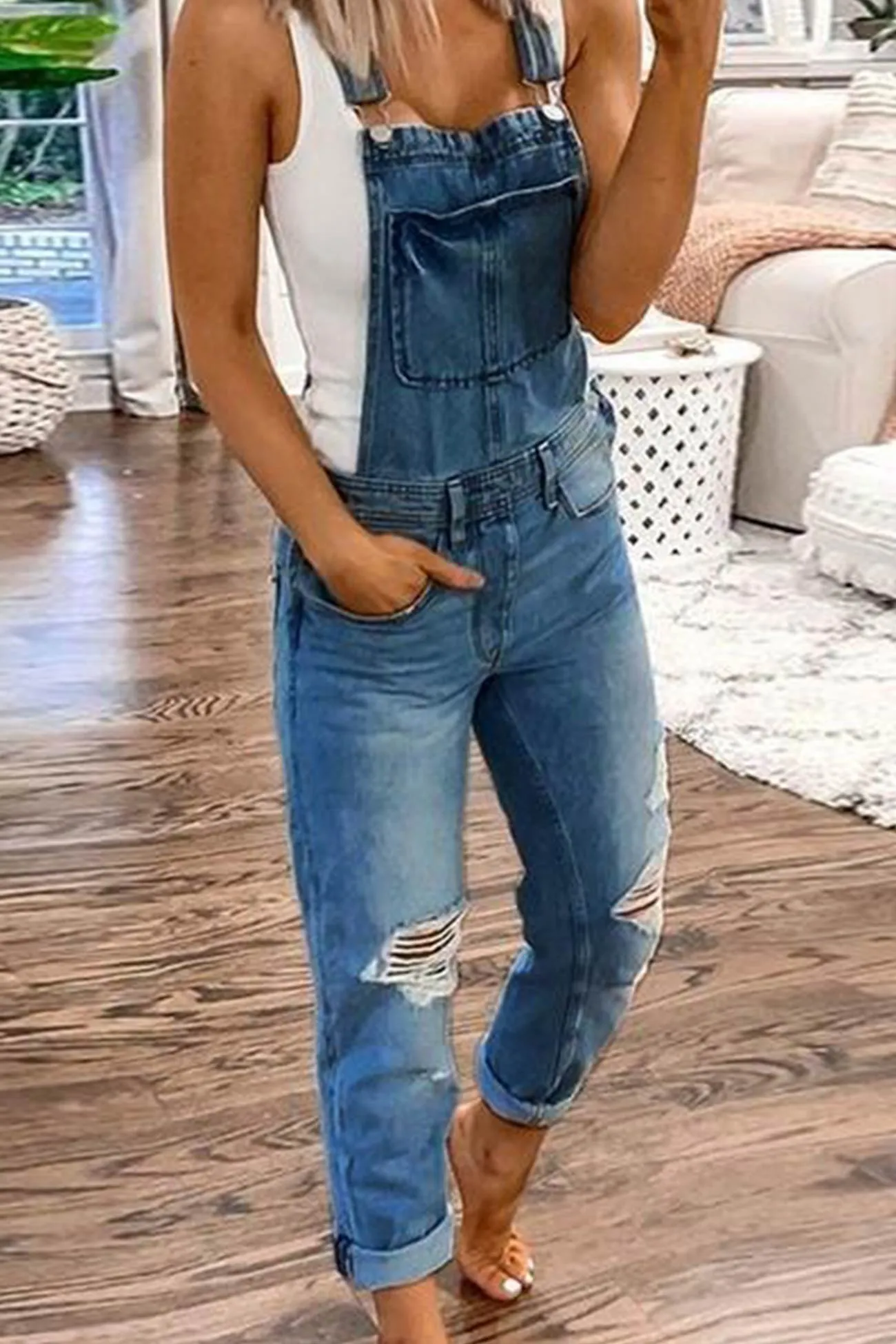 Distressed Front With Pocket Denim Overalls