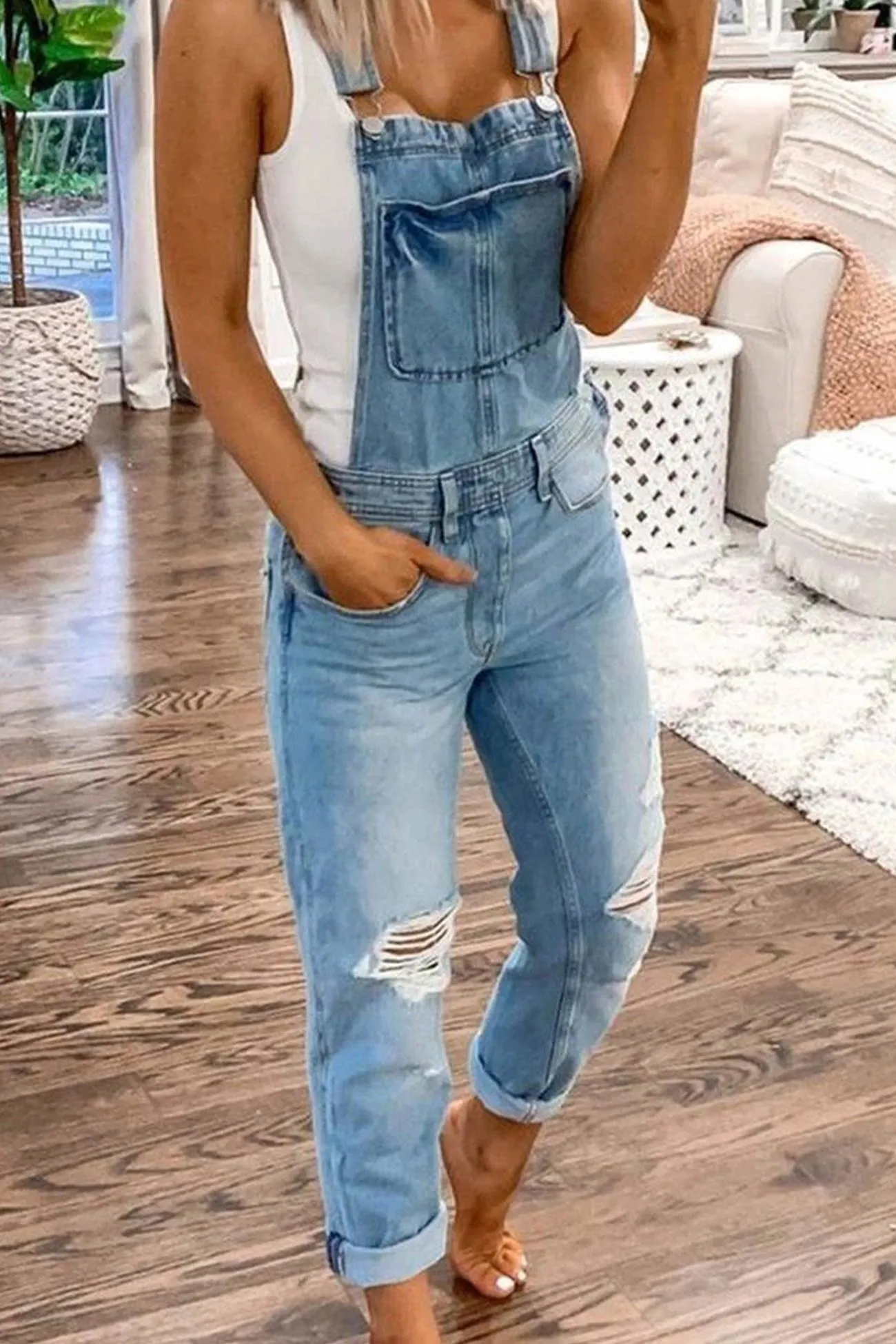 Distressed Front With Pocket Denim Overalls