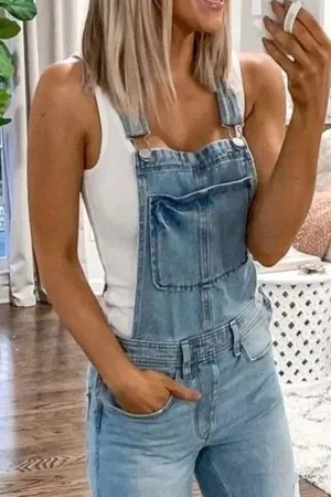 Distressed Front With Pocket Denim Overalls