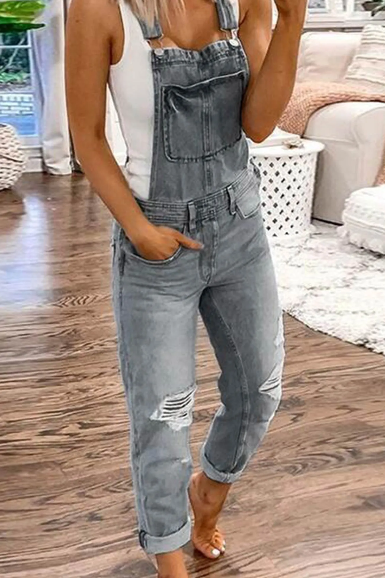 Distressed Front With Pocket Denim Overalls