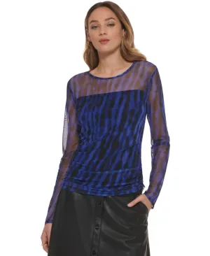 DKNY Women's Printed Mesh Knit Long-Sleeve Ruched Top P2JHVGPC