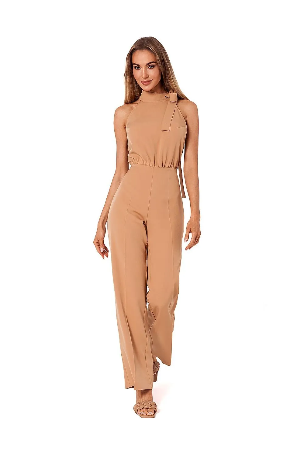 Elegant halter neck striking tie jumpsuit