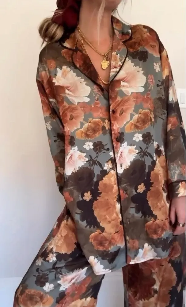 Ellie – Luxurious Peony Satin Pajama Set for Women