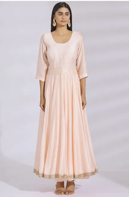 Embellished Chanderi Silk Anarkali Set in Peach