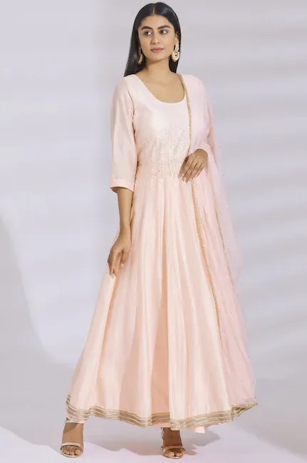 Embellished Chanderi Silk Anarkali Set in Peach