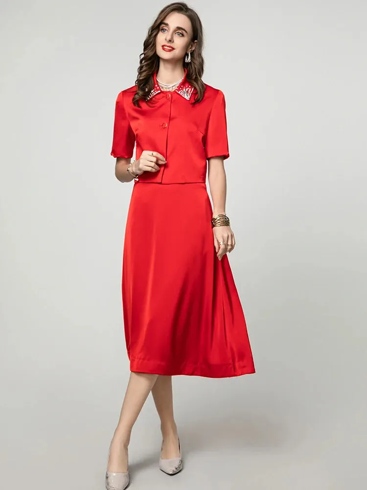 Emma Diamonds Turn-down Collar Single Breasted Top   Skirt Solid Color Office Lady 2 Piece Set