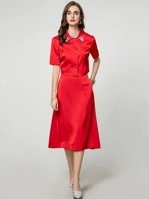 Emma Diamonds Turn-down Collar Single Breasted Top   Skirt Solid Color Office Lady 2 Piece Set