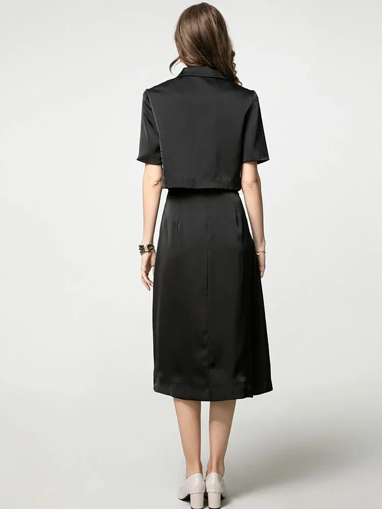 Emma Diamonds Turn-down Collar Single Breasted Top   Skirt Solid Color Office Lady 2 Piece Set