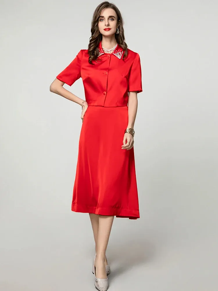 Emma Diamonds Turn-down Collar Single Breasted Top   Skirt Solid Color Office Lady 2 Piece Set
